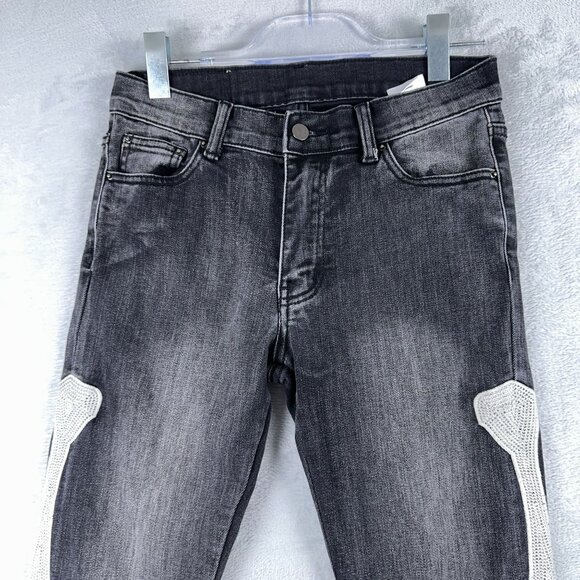 MNML Skinny Jeans Mens Size 30 Skeleton Bone Embellished Mid Rise Black - Picture 3 of 12